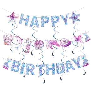 Mermaid Happy Birthday Banner, Colorful Mermaid Birthday Decorations Happy Birthday Banner Set Apply to Party Favor Supplies Decorations