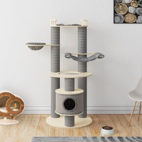 KAMABOKO Extra Large Cat Tree, 66" Tall Cat Tree - 5 Levels Wood Cat Tower w/Cat Condo, Hammocks & Hanging Basket for 2 Cats