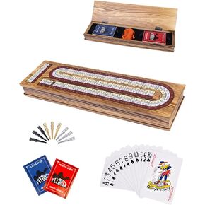 Wooden Cribbage Board Game Set,Traditional Cribbage Board Game,Solid Wood,3 Track Cribbage Board, 9 Metal Pegs,2 Decks of Playing Cards,Fun Table Game,Game Night, Travel (Manual Included)
