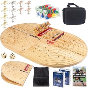 Wood Horse Race Board Game,Foldable Horse Racing Game,Large 24.8in,with 11 Premium Metal Horses,96 Chips,2 dice,2 Boxes of Playing Cards,Accessory Storage Box,Large Storage Bag and Instruction Manual
