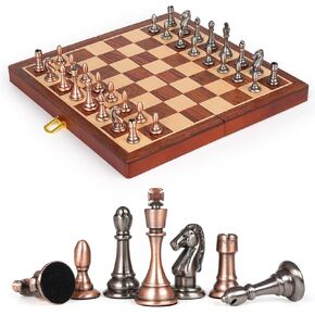 12-Inch Metal Chess Set Pieces – Wooden Chess Board Set Folding Travel Chess Sets,Metal Bronze & Silver Chessmen, Bonus 2 Extra Queens, Portable and Durable Classic Chess Game for Kids and Adults