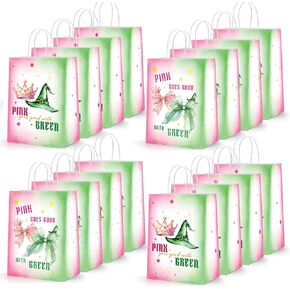 SUGORER 16 PCS Witch Theme Party Decorations,Pink and Green Party Wicked Goodie Bags Double Side Paper Candy Bags with Handle,Wicked gift Bag Movie Movie Birthday Favors Supplies Decorations for Kids
