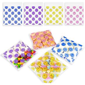 200Pcs 6x6 Inches Happy Faces Printed Self-Seal Cellophane Bags – Assorted 4 Colors Resealable Bags for Party Favors, Candy, Cookies, Goodie, Snacks & Treats
