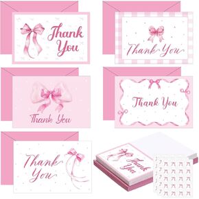 50 Sets Thank You Cards with Envelopes and Stickers 4 x 6 In Greeting Cards Blank Notes Thank You Card for Baby Shower Wedding Bridal Birthday Party Supplies(Pink Bow)