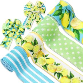 AnyDesign Lemon Wired Edge Ribbons Yellow Lemon Citrus Fruit Ribbons Summer Fabric Ribbon for Wreath Bow Making DIY Crafts Wrapping, 4 Rolls, 24 Yard
