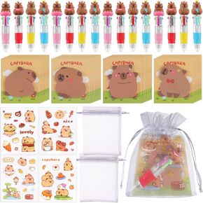 144 Pcs Appreciation Gifts Capybara Theme Party Favors 36 4-in-1 Ballpoint Pens 36 Capybara Stickers 36 Sticky Notes 36 Organza Bags for Birthday Party Goodies Bag Filler Office Supplies