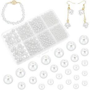 PH PandaHall White Pearl Beads, 1060pcs Glass Pearls 3mm 4mm 6mm 8mm Round Loose Pearl Beads Craft Bead with Holes for Bracelets Necklaces Jewelry Bag Chain Making Vase Fillers