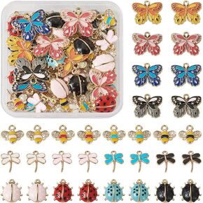 64pcs Enamel Insect Charms: Bee, Butterfly, Ladybird, Dragonfly - Light Gold & Multicolored - Novelty Jewelry Making Charm