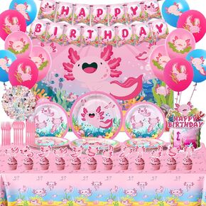 198pcs Axolotles Birthday Decorations Party Supplies Axolotles Plates Banner Backdrop Balloons Serves 16 Guests
