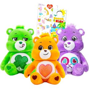 Care Bears Plush Set - 3 Pc Bundle with 9" Sparkly Glitter Care Bears Featuring Tenderheart Bear, Share Bear, Good Luck Bear Plus Stickers | Care Bears Plush Toys