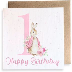 Second Ave Cute 1st Birthday Age 1 Pink Bunny Rabbit Square Happy Birthday Card Greeting Card for Girl