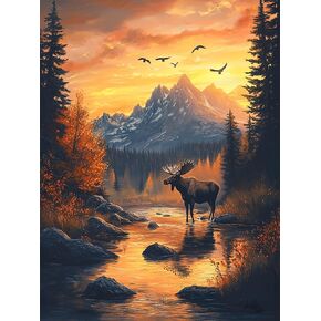 Yomiie 5D Diamond Art Kits for Adults, Big Horned Deer Diamond Painting Art Sunset Landscape DIY Full Round Drill Kits, Embroidery Rhinestone Diamond Crystal Craft Canvas Home Wall Decor 12x16 inch