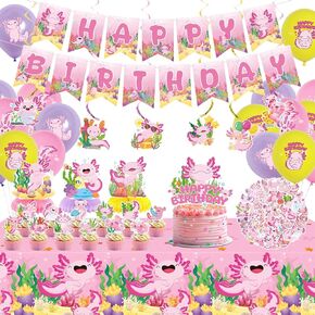 KEFAN Pink Axolotl Birthday Party Decorations, Axolotl Party Supplies including Banner, Cake Toppers, Table Centerpieces, Balloons for Axolotl Birthday Party (L)