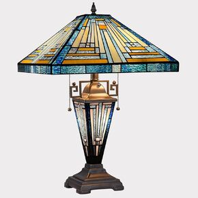 Capulina Tiffany Lamp Stained Glass Table Lamp 3-Light with Night Light 16X16X24 Inches Mother-Daughter Vase Mission Blue Amber Tiffany Style Desk Lamp for Home Office Living Room Bedroom