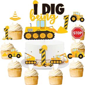41 Pcs Construction 2nd Birthday Cupcake Topper Dump Truck Two Years Old Cake Topper Excavator Tractor Two Cake Food Picks Decorations for Construction Theme 2nd Birthday Party Cake Supplies