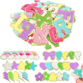 82 Pcs Chenille Letter Patches Self Adhesive Patch Sticker Letter Patches A-Z with Gold Glitter Star Lightning Heart Rainbow Bow Flower for Hats Bags Clothing