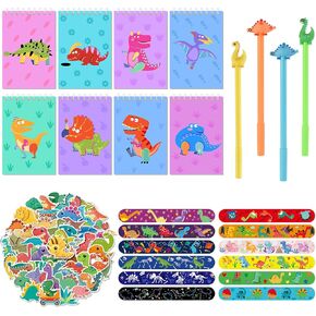 124 PCS Dinosaur Party Favors Dino Notebook Small Party, 8 Waterproof Pocket Notepad, 100 Dinosaur Stickers, 12 Slap Bracelets and 4 Pens for Birthday Goodie Bags Stuffers School Classroom Reward