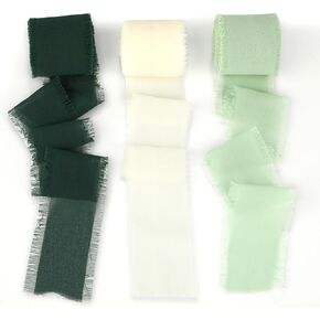 3 Rolls Chiffon Silk Ribbon, 1.5 inch 5 Yard Cream & Green Fringe Ribbons for Wedding Invitations Bridal Bouquets Gift Wrapping Crafts Flower Arrangement Decoration