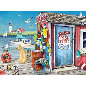 Heritage Puzzle Crab Shack - 550 Pieces Coastal Theme Jigsaw Puzzles for Adults by Barb Tourtillotte - Size 24"x18" – Relaxing Shoreline Scene - Made in U.S.A.