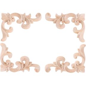 MUXSAM Decorative Wood Appliques, 2-Pair Unpainted Wooden Carved Flower Corner Onlays for Cabinets Chests Mirrors Boxes Doors Walls Dresser Fireplace Decoration DIY French Style, 7.5x6cm/2.95"x2.36"