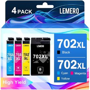 LEMERO Remanufactured Ink Cartridge Replacement for Epson 702XL Ink Cartridges Combo Pack 702XL 702 XL T702XL Work with Epson Workforce Pro WF-3720 WF-3730 WF-3733 Printer (4 Pack)