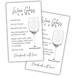 Custom Wine Glass Care Washing Instruction Cards 50pk 2x3.5" for Clients Decal Etching Thank You Cards Reorder Crafters Order Forms