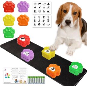 Dog Buttons for Communications with 36 Stickers & 19.6 inch Rubber Pad - Recordable Buttons for Pet Training (30s Voice), Customizable Stickers for Eat/Play/Help/Scared, Pet Communication Set
