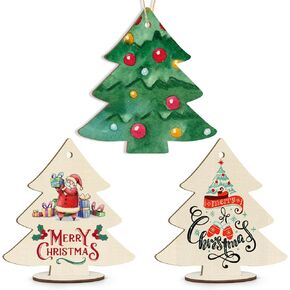 Wooden Christmas Ornaments to Paint Christmas Tree Decoration Cutouts Unfinished 3Pack 7 inches, Wood DIY Blank Christmas Tree Table Sign Ornament for Home Crafts Hanging Decoration with String Base