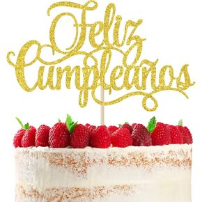 Feliz Cumpleaños Cake Topper, Men Women Boy Girl Kids Spanish Mexican Fiesta Theme Happy Birthday Party Cake Decorations Gold Glitter