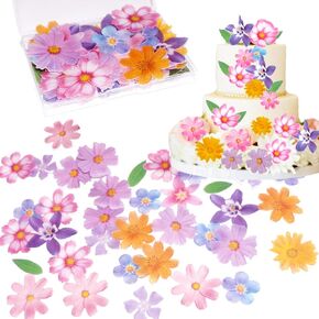 60pcs Edible Flower Cake Decorations Wafer Paper Flowers Leaves Cupcake Toppers for Hawaiian Themed Party Wedding Bridal Baby Shower Birthday Cake Decorations