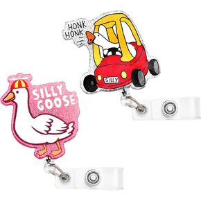 2Pcs Funny Silly Goose Badge Reel Cute Badge Holder Retractable Clip Glitter Animal Badges Reel for Pediatric Nurses Doctors Kawaii Office Worker Medical Assistant ID Card Accessories Gifts