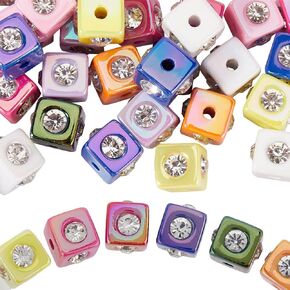 SUNNYCLUE 1 Box 30Pcs Square Rhinestone Bead Acrylic Cube Beads Bulk Colorful Plastic Focal Crystal Charm Bling Spacer Beadable Pen Bead for Pens Keychain Jewelry Making Bracelet DIY Craft Accessories