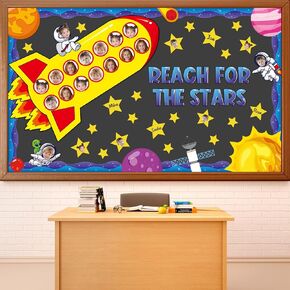 Outer Space Bulletin Board Set Reach for The Stars Classroom Decoration Spacecraft DIY Photo Cutouts Space Galaxy Themed Party Supplies for Back to School Office Nursery Chalkboard Door Wall Decor