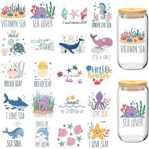 UV DTF Cup Wrap Stickers - 20 Sheets Summer Ocean UV DTF Cup Wraps for 16 oz Libbey Glass Cups, Funny Rub on Transfers for Coffee Mugs Furniture Craft Wood DIY Crafts