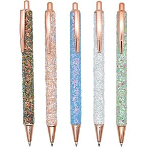 Gullor 5PCS Ballpoint Pens, Glitter Click Ball Pens, Black Ink Medium Point 1mm, for Office Supplies Gift Wedding Birthday, Gold