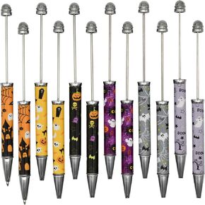 Maydahui 48 PCS Halloween Beadable Ballpoint Pens Retractable Bead Pen DIY Shaft Beaded Pens Pumpkin Bat Skull Ghost Witch Hat Style Metal Black Ink for DIY Making School Party Office Crafting