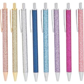 Paper Junkie 8 Pack Sparkle Pens, Glitter Metal Retractable Ballpoint Gift Set for Women & Office (Black Ink Ballpoint Pens)