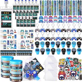 212 Pcs Video Game Party Favors Gamer Birthday Supplies Included Game Console Handle Keychain,Cards with Card Holders,Wristband,Ring,Sticker,Stamper,Pat Bracele,Organza Bag for Kids Gift