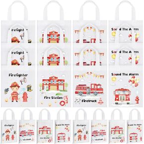 24 Pcs Watercolour Firetruck Birthday Decorations Firefighter Party Favour Bags Goodie Gift Treat Non Woven Candy Gift Bags with Handles Watercolour Firetruck Themed Party Supplies