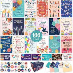 Decorably 100 Pack 4x6in Christian Birthday Cards Bulk Christian with Envelopes and Stickers, 25 Vibrant Designs Religious Birthday Cards Bulk, with Printed Message Inside