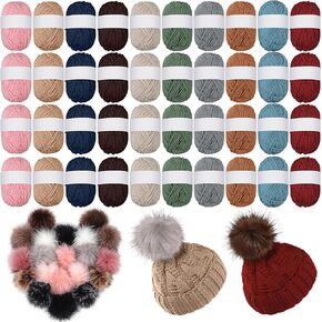 40 Skeins 3674 Yards Yarn for Crocheting Knitting DIY Craft and 20 Pcs Faux Fur Hat Pom Poms with Elastic Loop Knitted hat kit, 10 Colors Yarn for Knitting Lovers Beginners