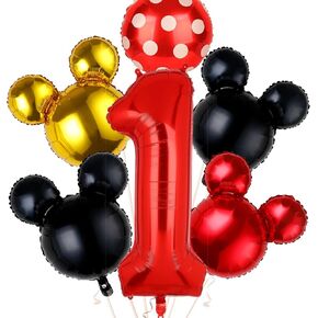 NANAGALI 6Pcs Mouse 1st Birthday Decorations, 40" Red One Balloon for Black Mouse Birthday Decor - Aluminum foil Helium Balloons for Baby Boys/Girls