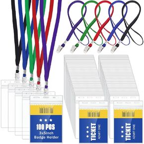 Patelai 100 Pack Clear ID Badge Holder with Lanyard Bulk 3 x 5 Inch Large Waterproof Badge and Credential Holders Plastic Credential Sleeves Vertical Sealable Card Protector for Travel Office