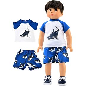American Fashion World Shark Rash Guard and Swim Trunks Bathing Suit for 18-Inch Dolls | Accessories Included | Dolls Clothes | Outfit Fashions for Dolls for Popular Brands