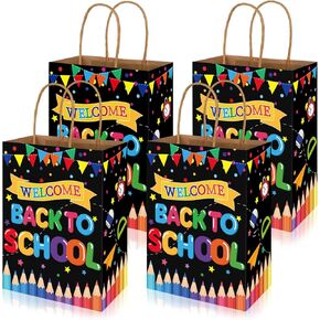 Whaline 24Pcs Back to School Kraft Paper Bags Colorful Pencils Flags Decorative Gift Bags with Handles Candy Treat Bags for Classroom Party Favors Supplies
