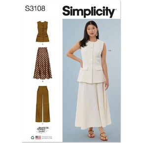 Simplicity SS3108U5 Misses' Semi-Fitted Unlined Vest, Flared Skirt and Wide Leg Pants Sewing Pattern Packet by American Sewing Guild, Design Code S3108, Sizes 16-18-20-22-24
