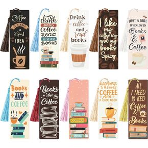 10Pcs Coffee Bookmarks with Tassel Funny Books & Iced Coffee Book Marks Page Clips Markers Office Stationery Supplies Book Accessories Bookworm Bookish Birthday Gifts for Coffee Lovers Women Readers