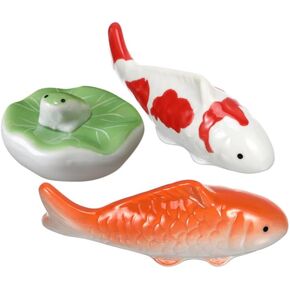 POPETPOP 3 Pcs Ceramic Floating Fish Figurines: Koi Fish Goldfish Frog on Lotus Leaf for Aquarium and Garden Pond Decor - Desktop Ornaments