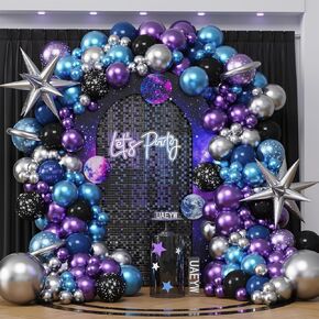 Outer Space Birthday Party Decorations 146Pcs Astronaut Balloon Arch Garland Kit, UFO Rocket Astronaut Foil Balloons, Navy Blue Metallic Silver Blue Balloons for Kids Boys Space Theme Party Decor