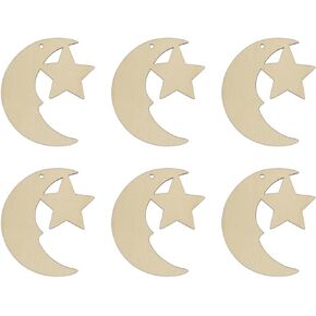 20pcs Moon Star Wood DIY Crafts Cutouts Wooden Moon Star Shaped Hanging Ornaments with Hole Hemp Ropes Wood Tags for Baby Shower Wedding Birthday Christmas Decorations